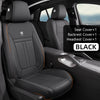 Black car seat covers including a seat cover, backrest cover, and headrest cover for a vehicle interior.