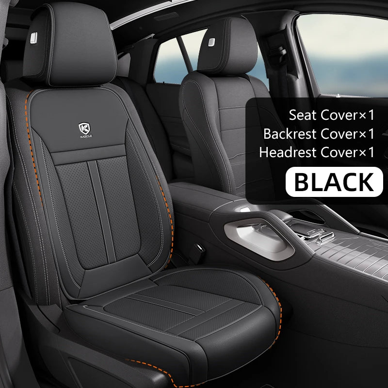 Black car seat covers including a seat cover, backrest cover, and headrest cover for a vehicle interior.