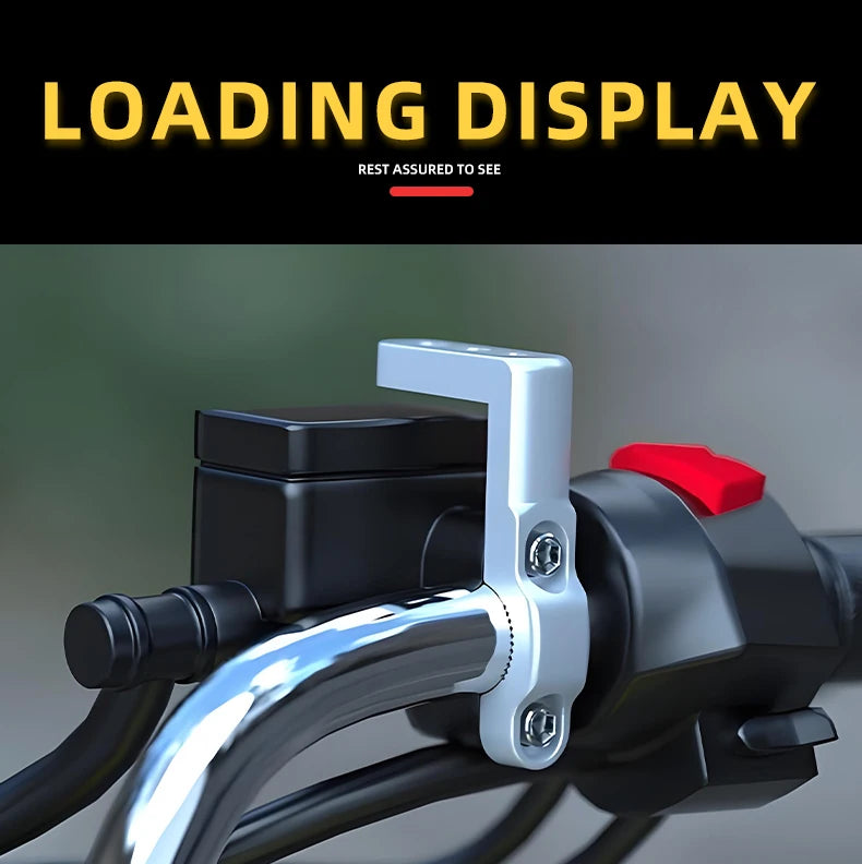 A close-up view of a silver dual motorcycle signal light mount bracket installed on a handlebar.