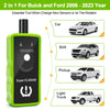 A green 2 in 1 TPMS relearn tool used for changing sensors or tire rotation on Ford and Buick vehicles.