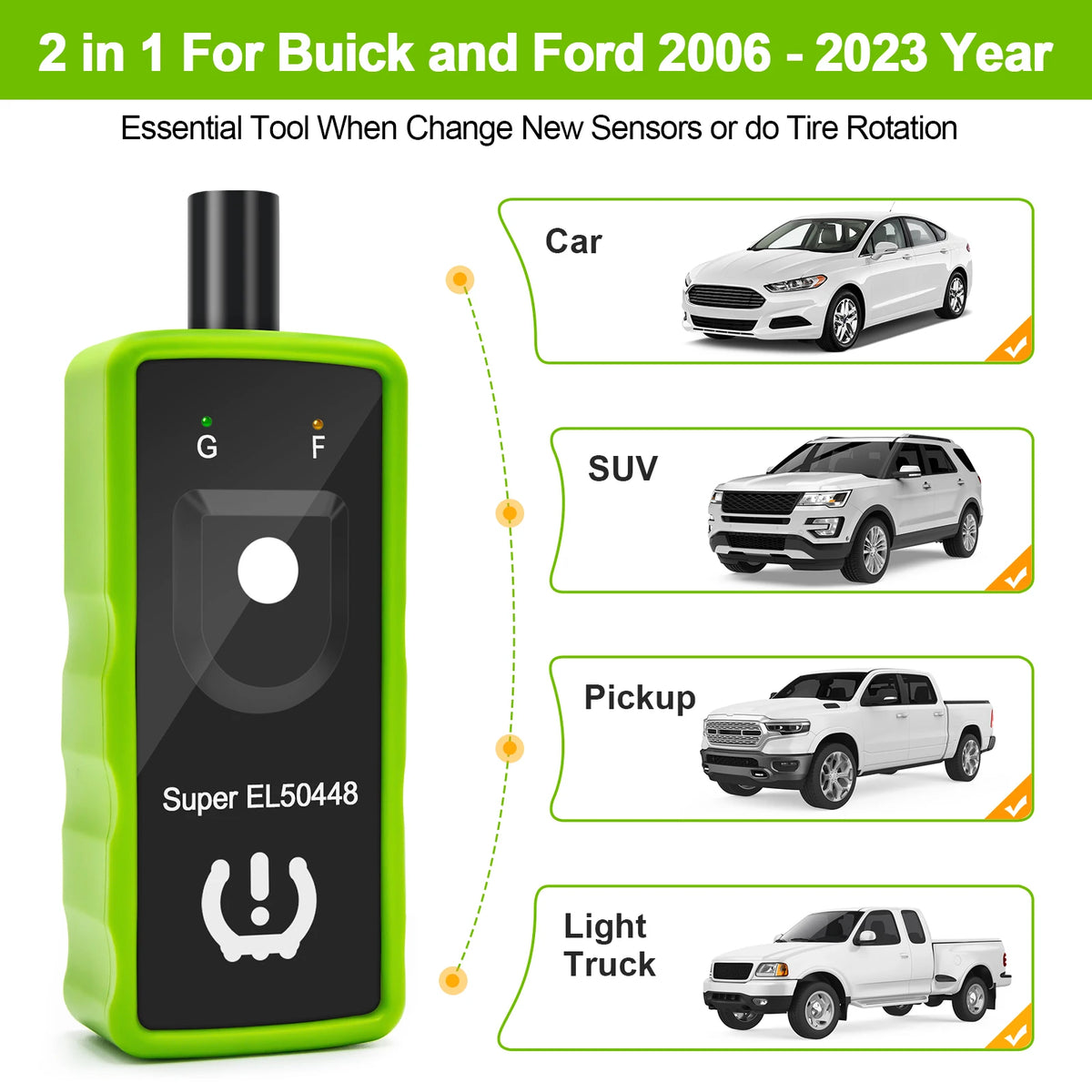 A green 2 in 1 TPMS relearn tool used for changing sensors or tire rotation on Ford and Buick vehicles.