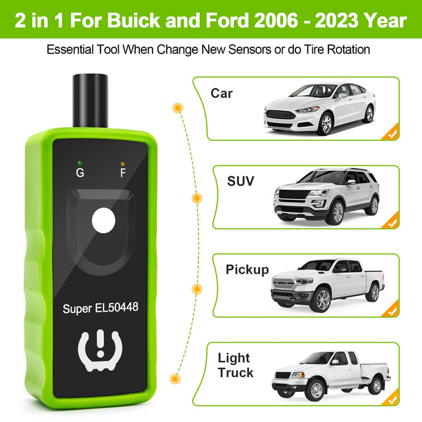 A green 2 in 1 TPMS relearn tool used for changing sensors or tire rotation on Ford and Buick vehicles.