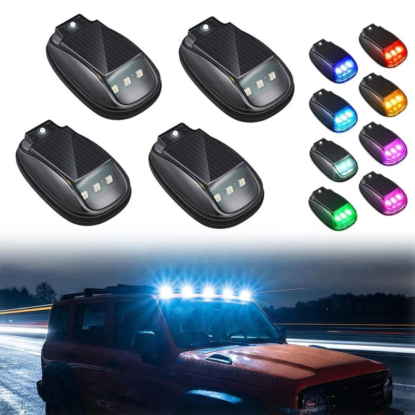 Multiple solar-powered RGB roof marker lights are shown alongside an installed light on a truck.