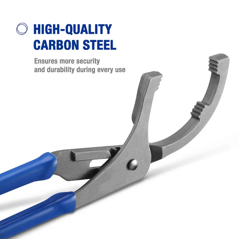 Gray adjustable oil filter pliers wrench with blue handles shown against a white background.