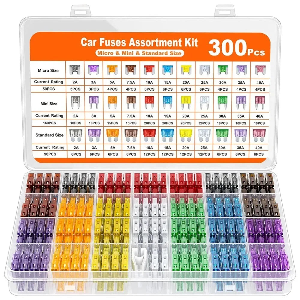 A clear plastic kit containing assorted car fuses in micro, mini, and standard sizes for automotive electrical use