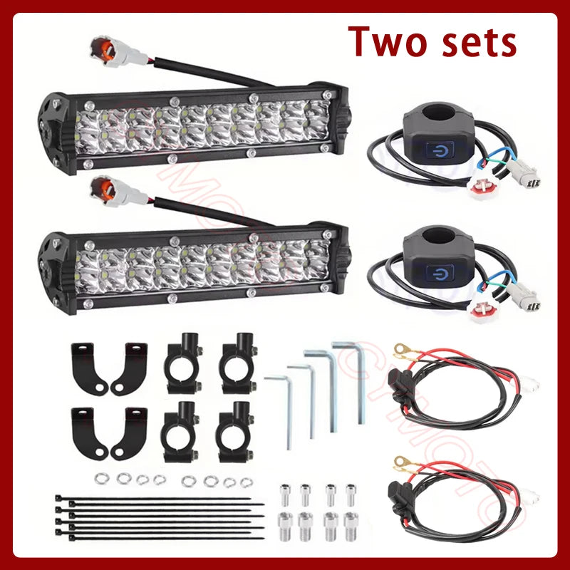Two sets of motorcycle LED light bar kits including main bars and additional components