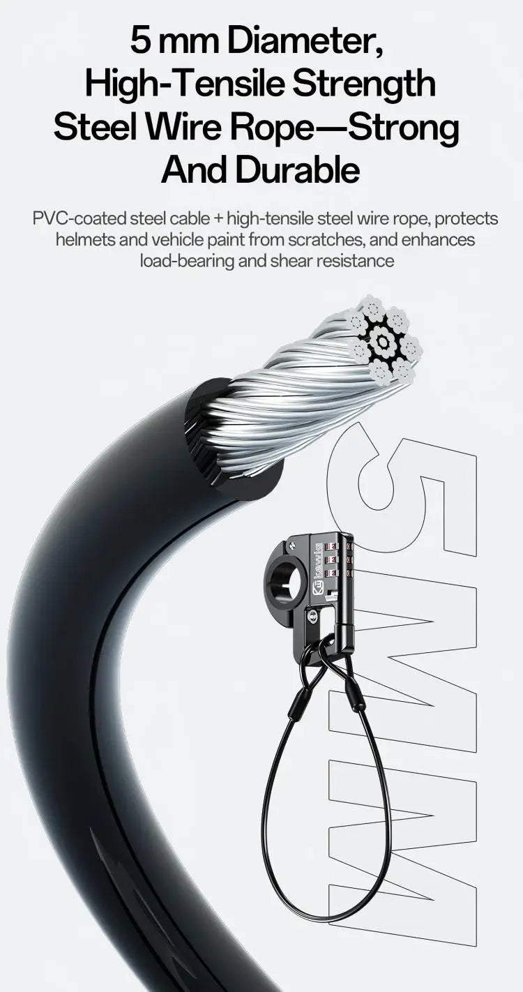 A close-up view of a 5mm diameter high-tensile steel wire rope used for a heavy-duty anti-theft motorcycle helmet lock.