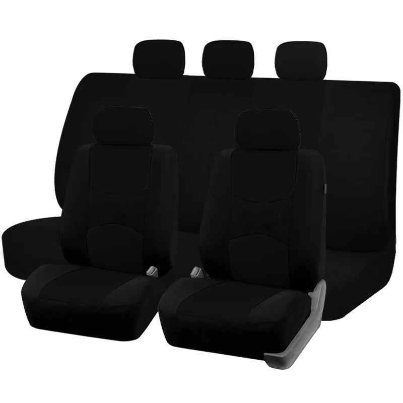 A set of black universal fabric car seat covers with five individual seat pads.