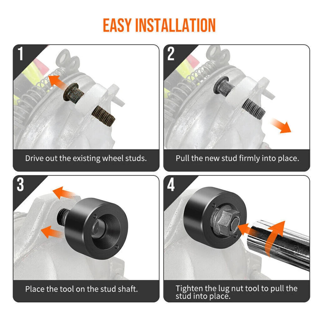 Four steps showing how to easily install a new wheel stud using a replacement tool.