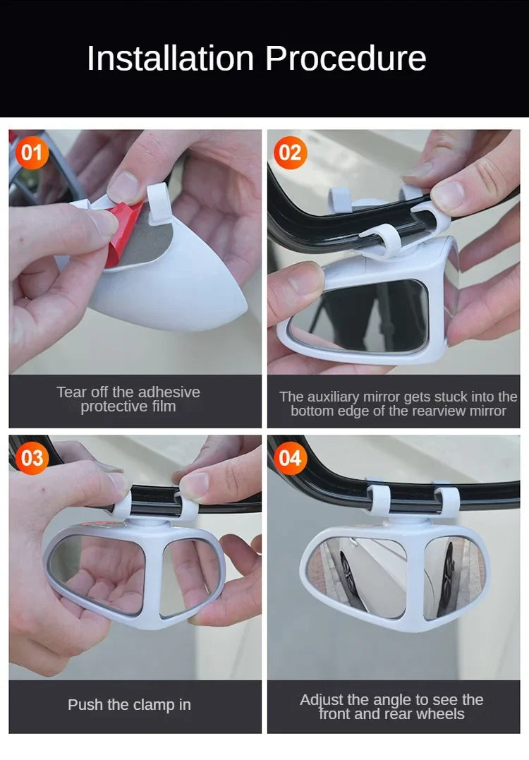 Installation procedure showing steps to attach a rearview mirror accessory for a car blind spot mirror
