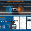 A dual-lens dash cam is shown with wide angle coverage, featuring a camera and associated mobile app interface.