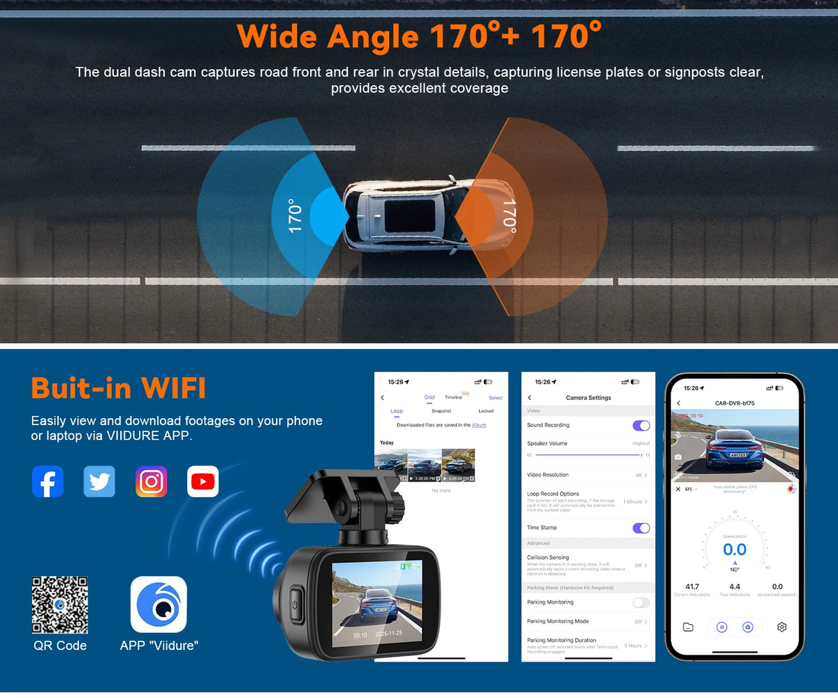 A dual-lens dash cam is shown with wide angle coverage, featuring a camera and associated mobile app interface.