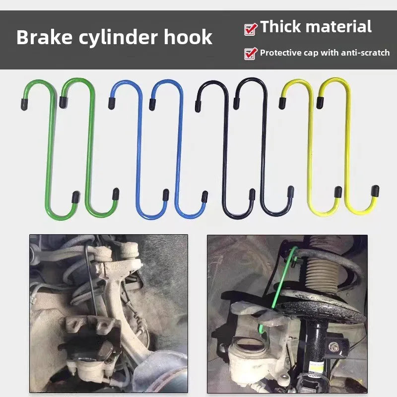 A set of brake cylinder hooks in green, blue, black, and yellow metal for suspension disc service brake caliper use.