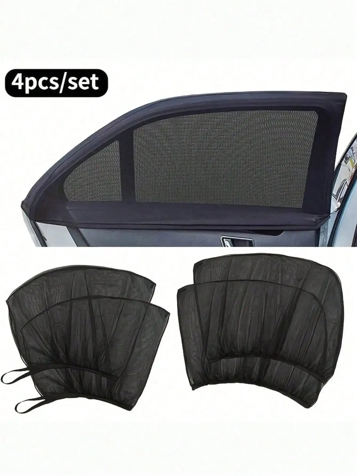 Four black breathable mesh car window shades shown in various angles and a set of folded shades.