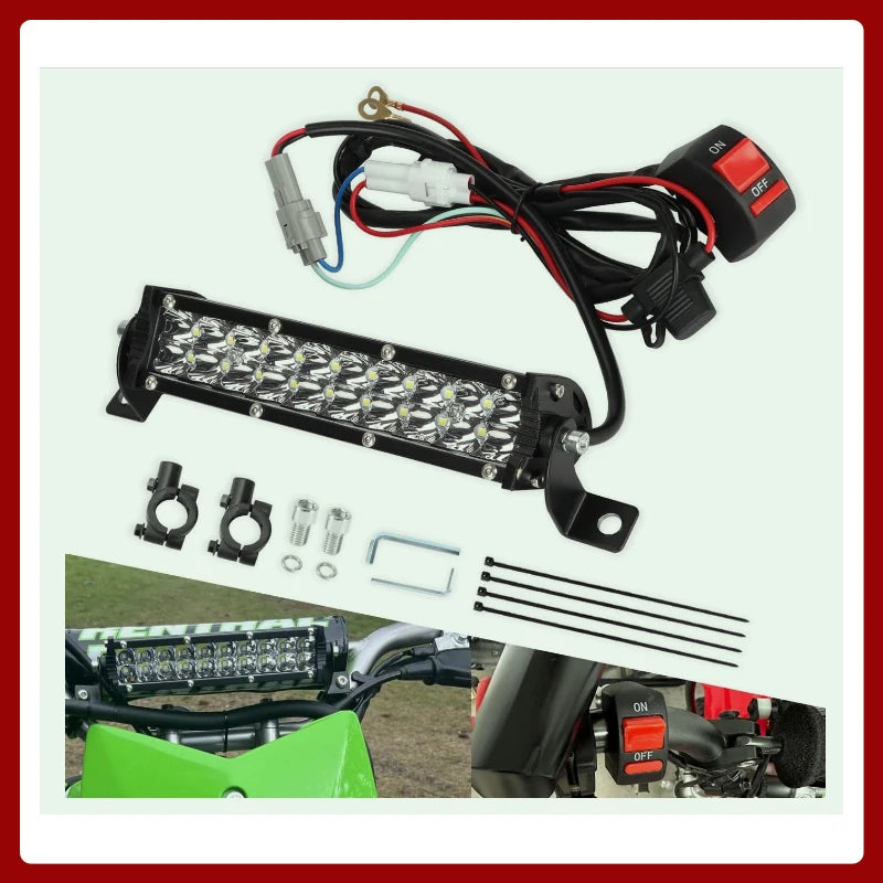 A motorcycle LED light bar kit showing the main light bar, wiring, and mounting components.