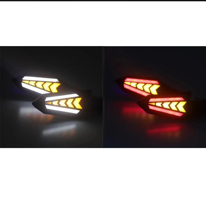 Ein Paar universelle Motorrad-LED-Blinker, das weiße und rote blinkende Lichter zeigt.