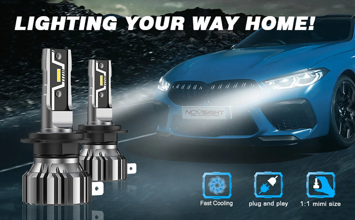 A close-up of a high-performance H11 LED car headlight bulb and its mounting base, shown in a dark, dramatic lighting context