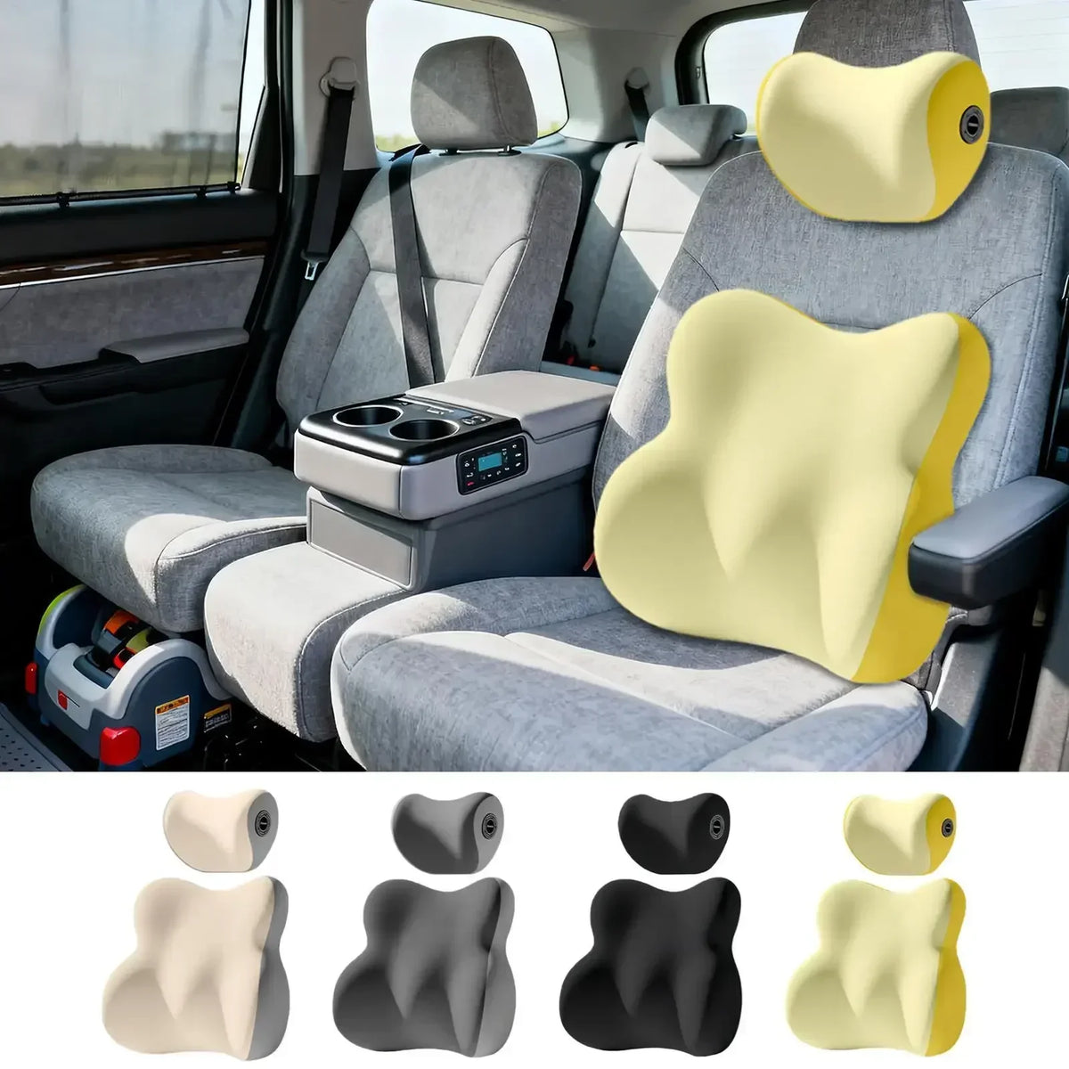 A set of ergonomic memory foam car neck and lumbar support pillows shown in various colors and angles.