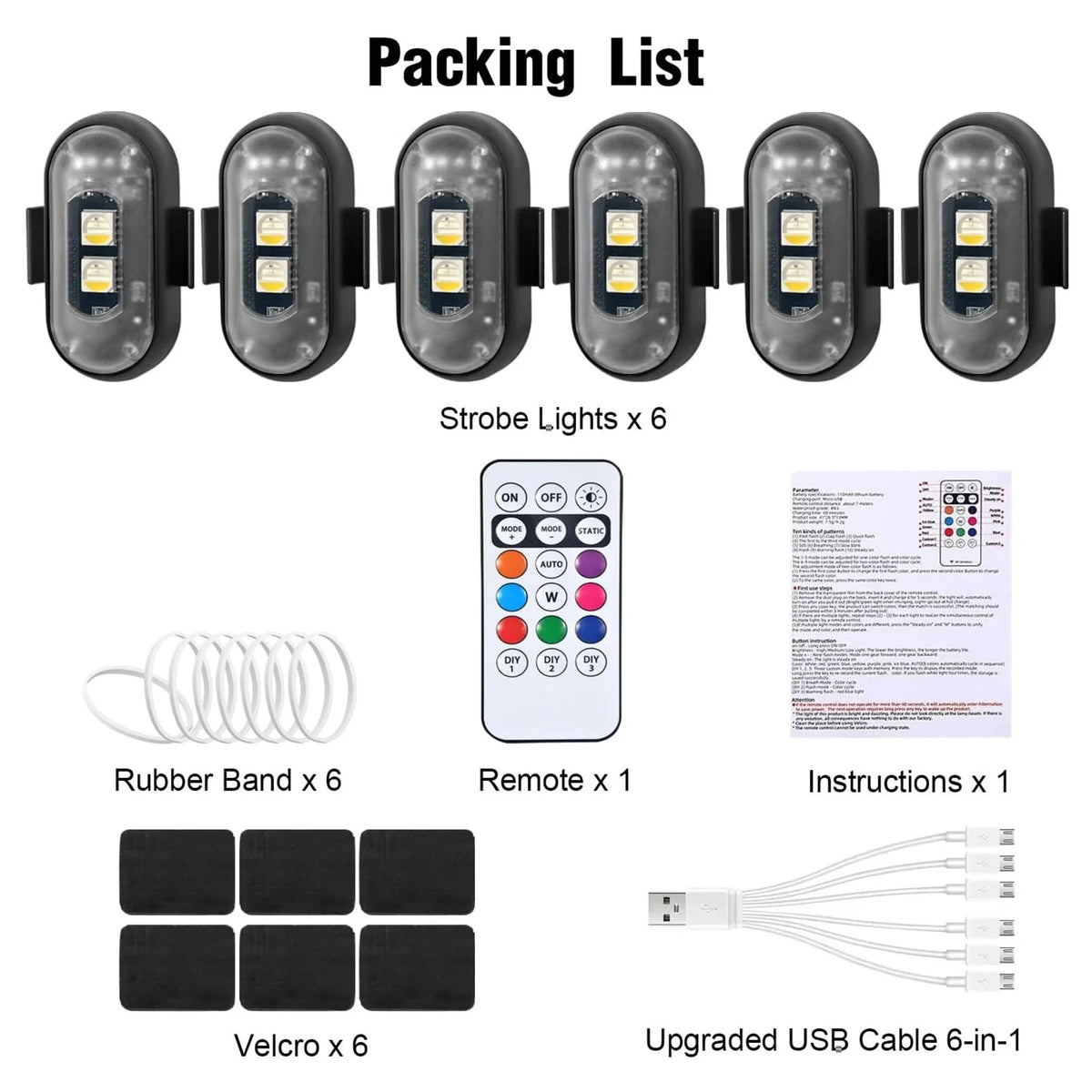 Packing list of strobe lights, rubber bands, velcro, and an upgraded USB cable for vehicle use
