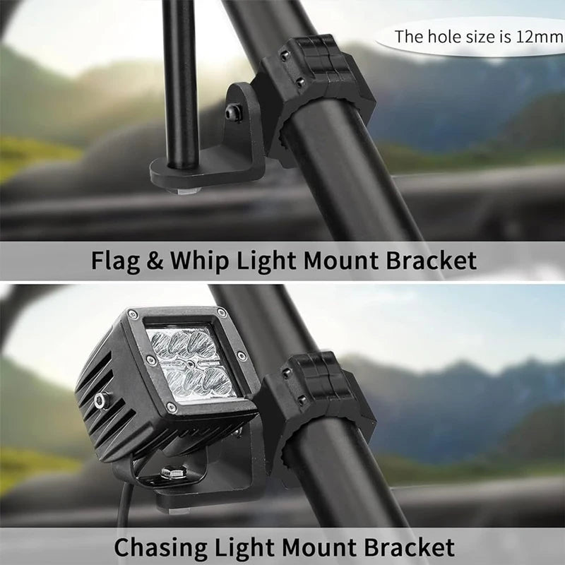 A black flag and whip light mount bracket is shown attached to an off-road vehicle bar.