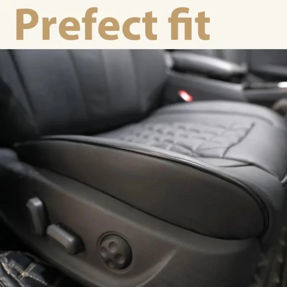 Close-up of a black car seat cover showing a perfect fit on a vehicle interior.