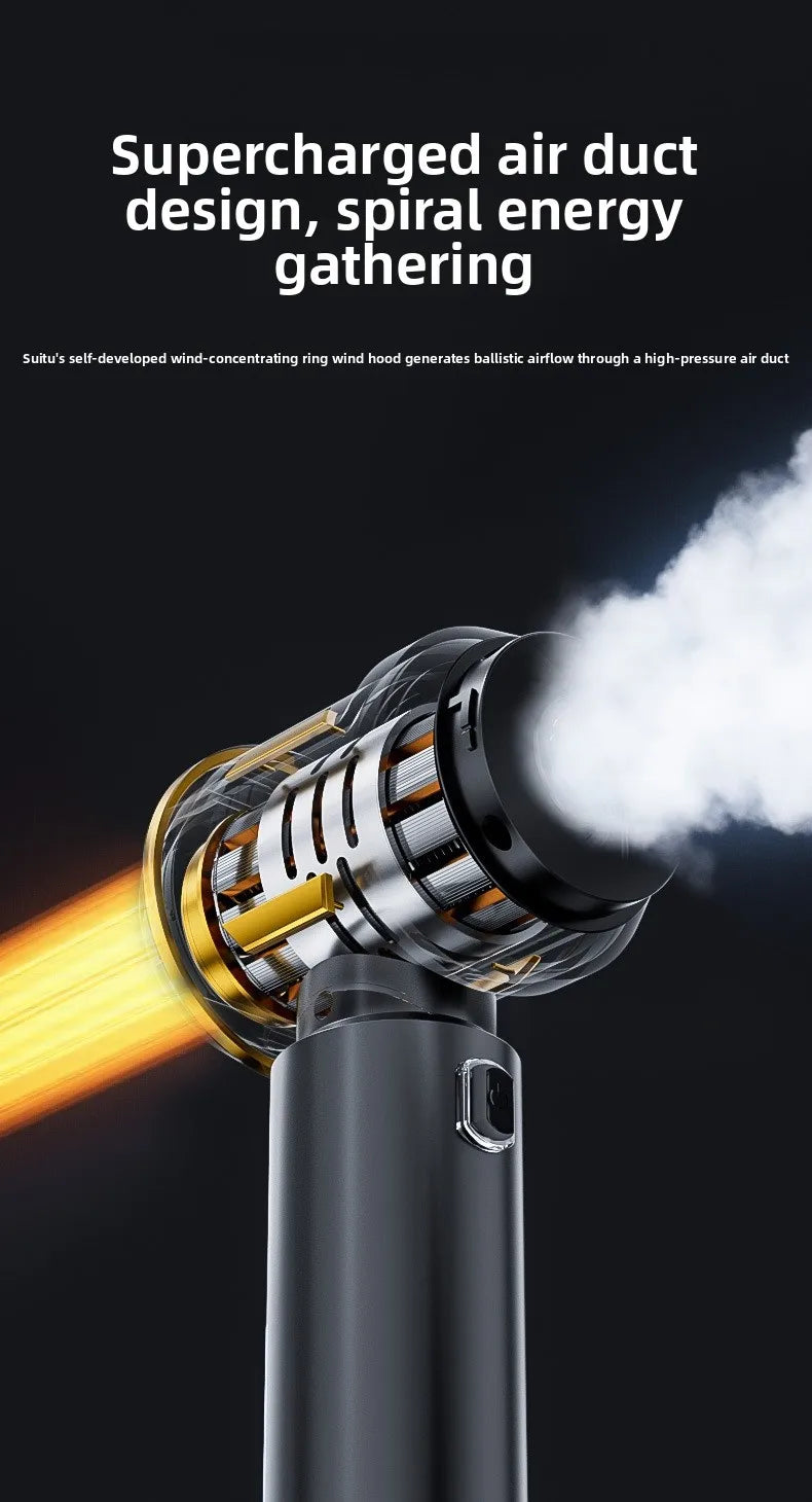 A close-up of a black cordless handheld vacuum cleaner with a swirling gold and silver design generating a powerful airflow.