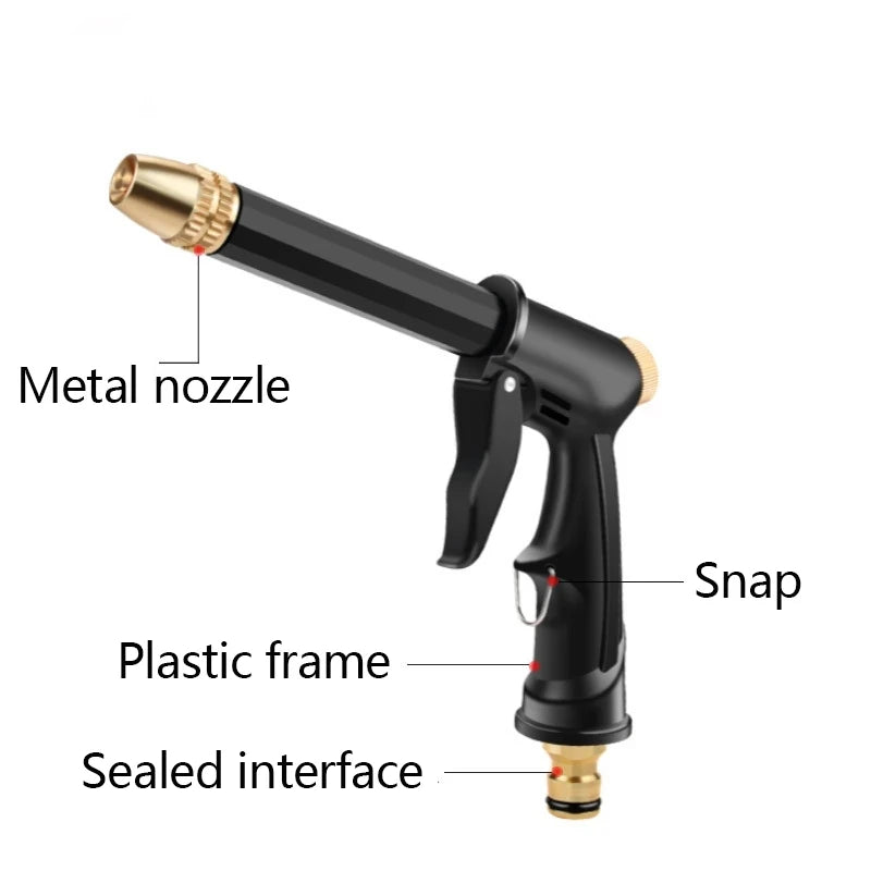 Schwarze Hochdruck-Wasserpistole mit Metall-Düse, Kunststoffrahmen und versiegelter Schnittstelle.