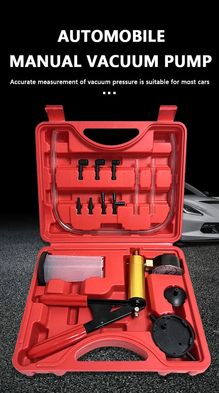 Red manual vacuum pump and brake bleeder kit in an open plastic case