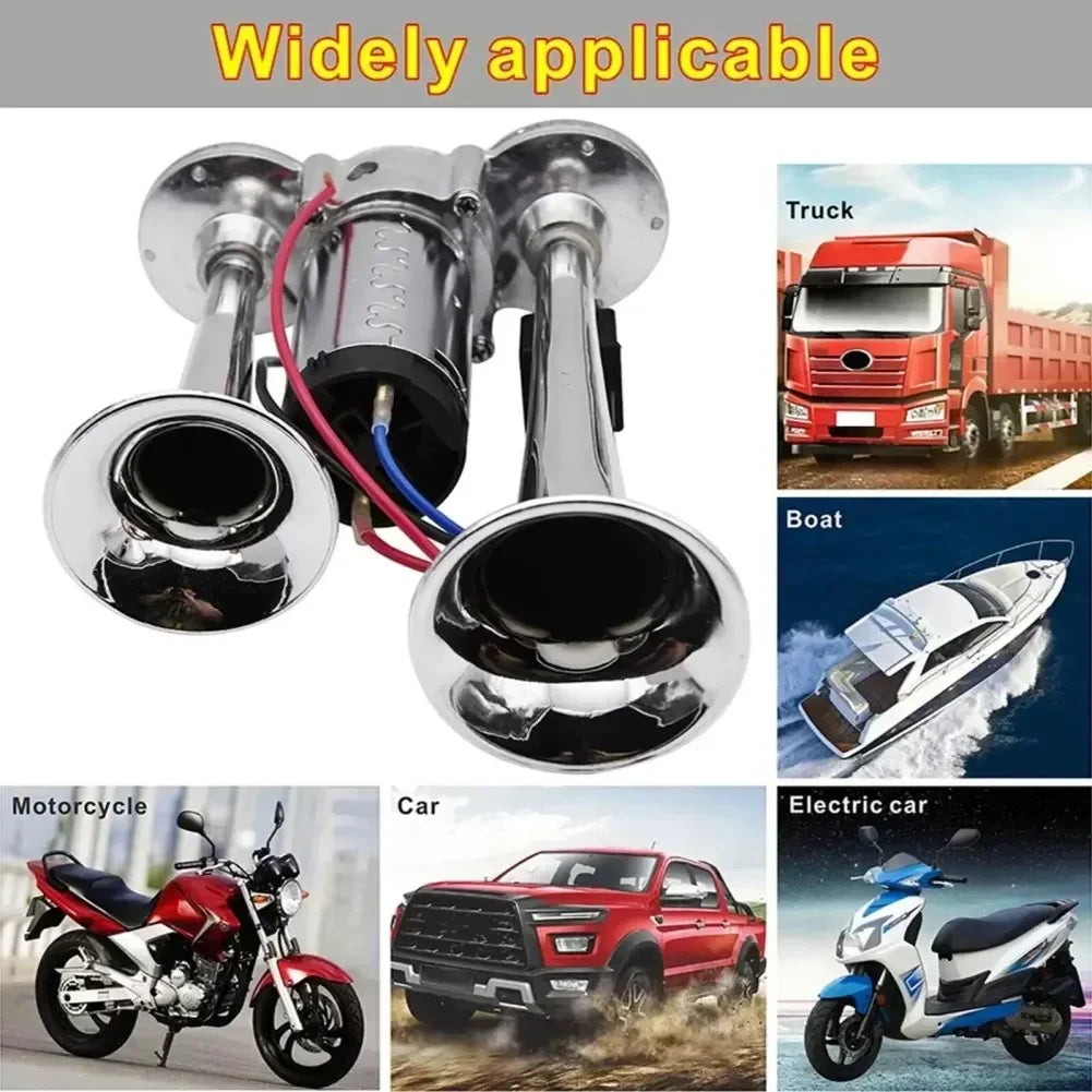 A set of silver dual air horn kits for trucks, boats, and cars, shown alongside a motorcycle and an electric scooter.