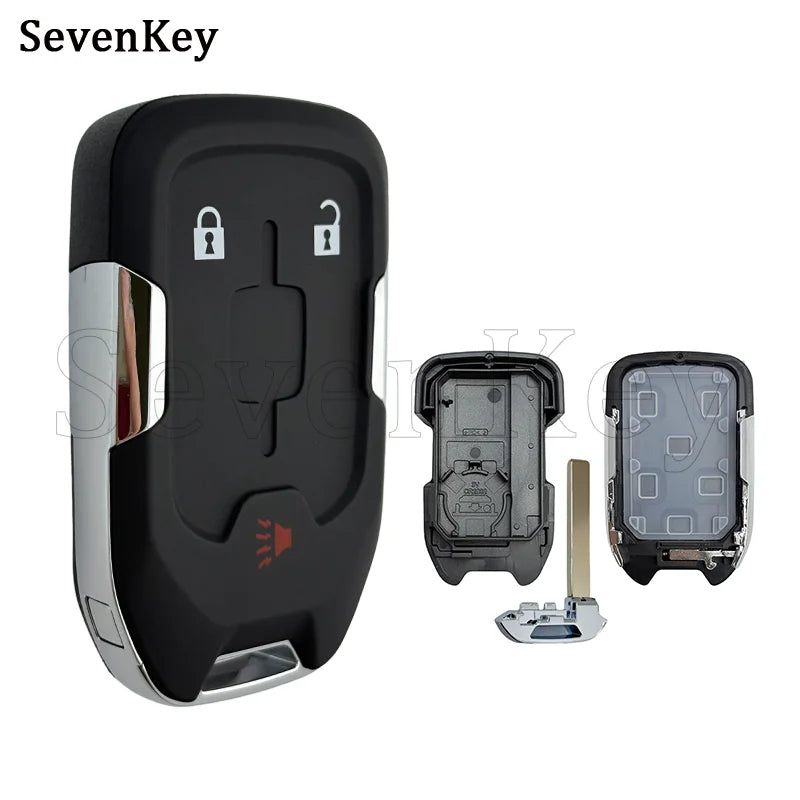 A black replacement smart key fob shell for Chevrolet/GMC SUVs shown with a metal key blade.