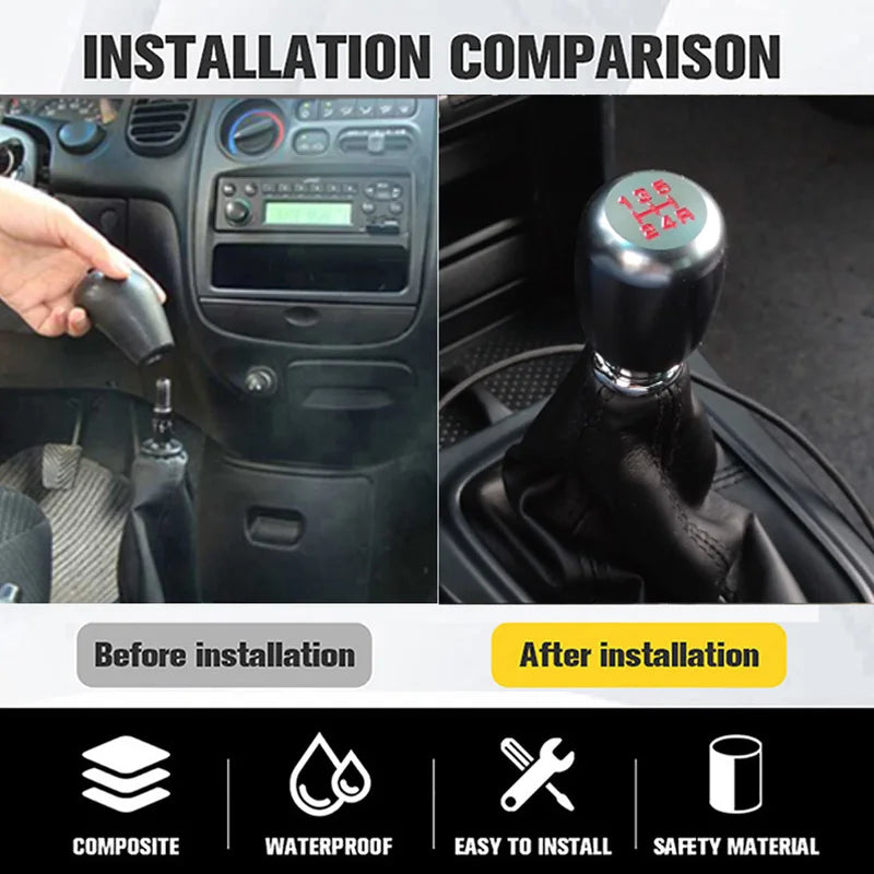 Comparison showing a gear shift knob before and after installation, highlighting composite, waterproof, easy to install, and 
