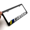 Black license plate frame decoration with the word Reddy in white and yellow stripes