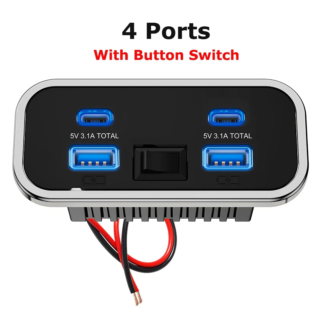 A black charger panel with four ports and a button switch, featuring 5V 3.1A output for fast charging.
