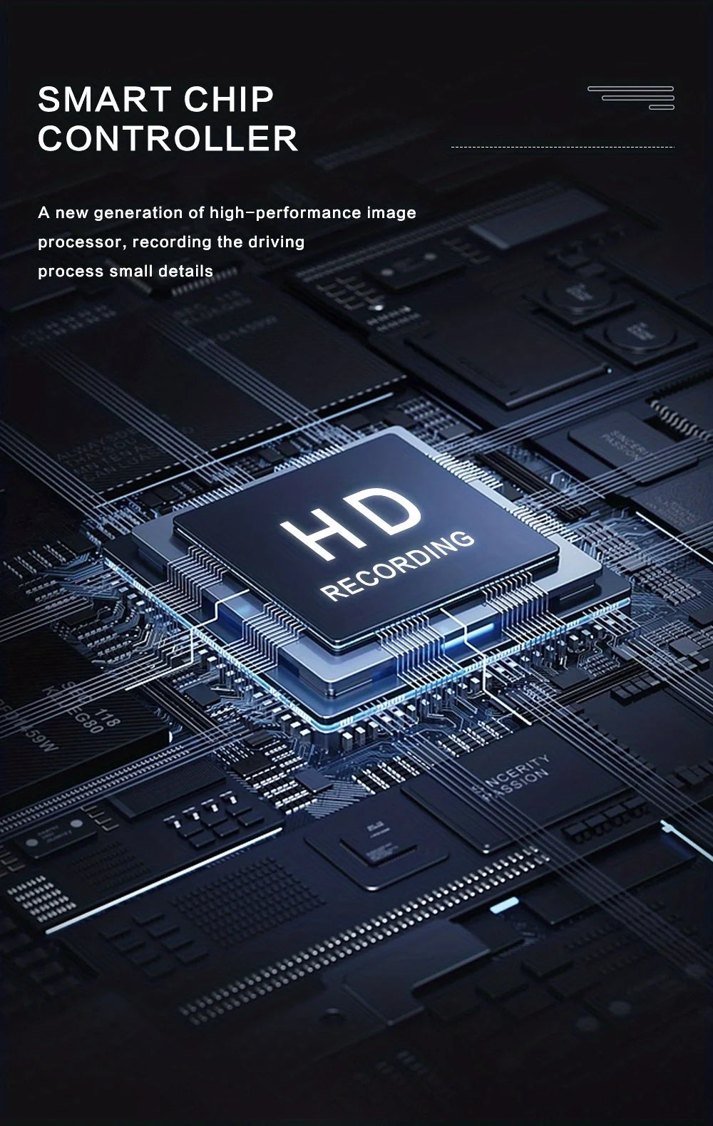 Nahaufnahme eines Smart-Chip-Controller-Bauteils auf einer dunklen elektronischen Platine.