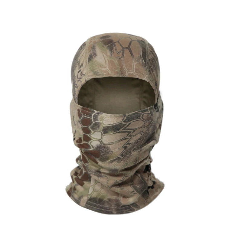 A camouflage stretchy balaclava cap worn on a mannequin head.