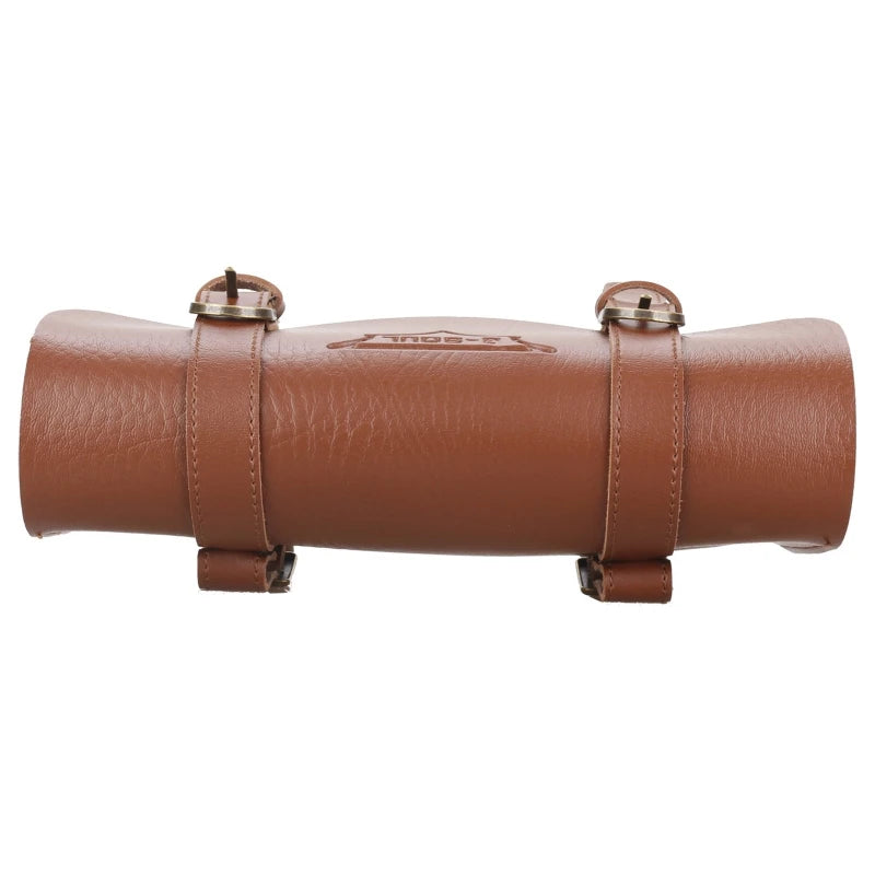 A brown premium PU leather motorcycle handlebar saddlebag with leather straps.