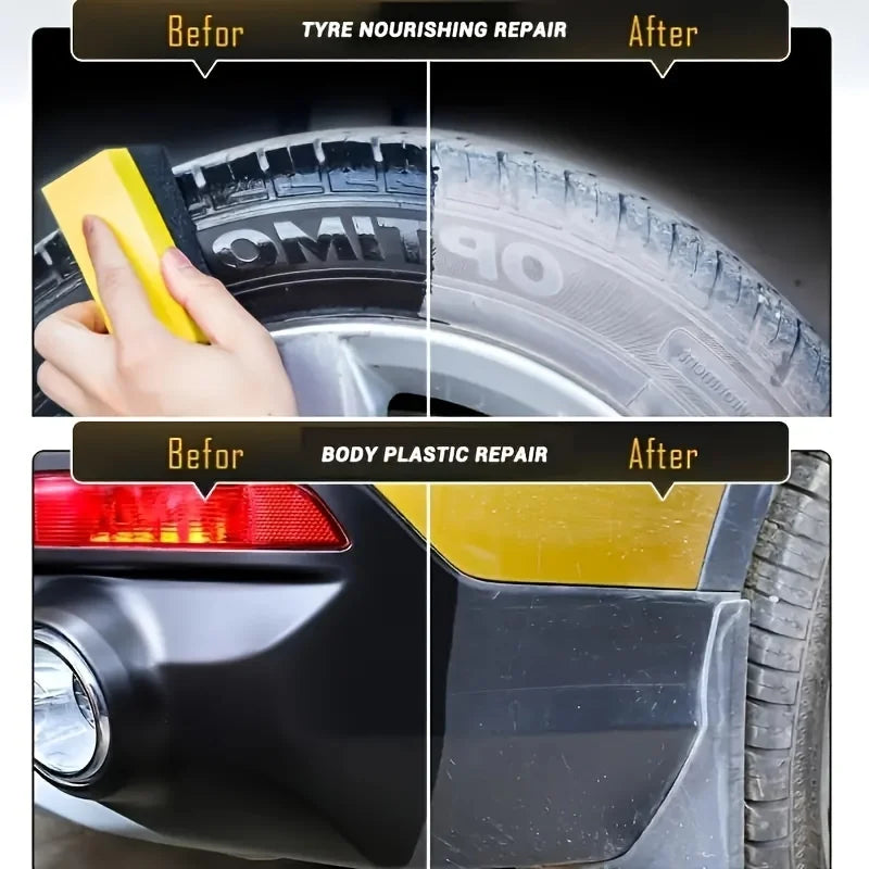 Before and after images showing tire nourishing repair and body plastic repair on a car tire.