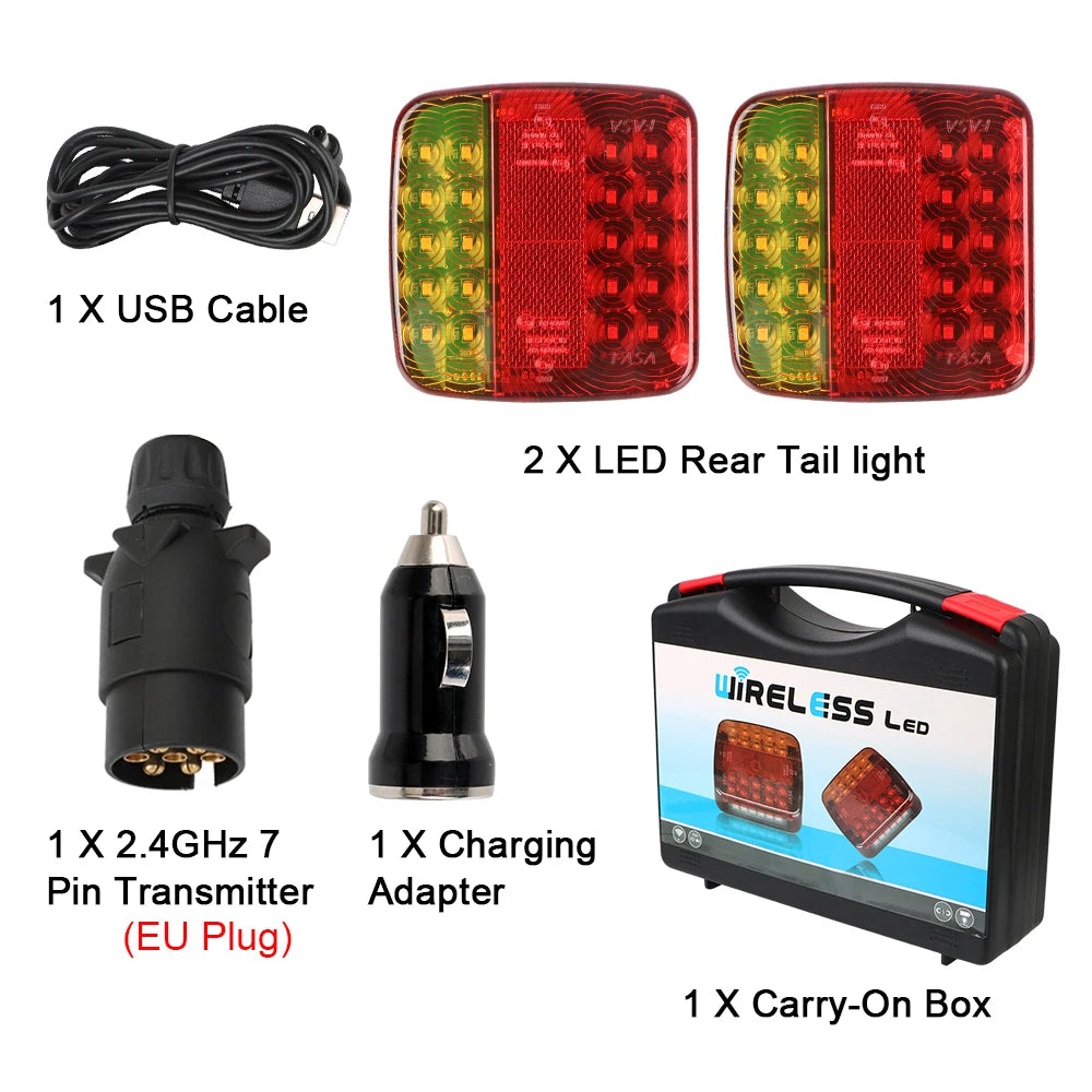 Set of magnetic wireless LED rear taillights with a USB cable, transmitter, and carry-on box