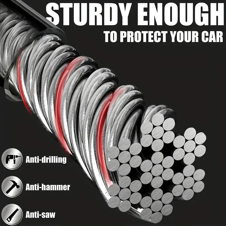 Close-up of a sturdy coil anti-theft steering wheel lock with anti-drilling, anti-hammer, and anti-saw features.