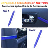 A set of two blue plastic tools used for removing car trim, shown in various application scenarios.