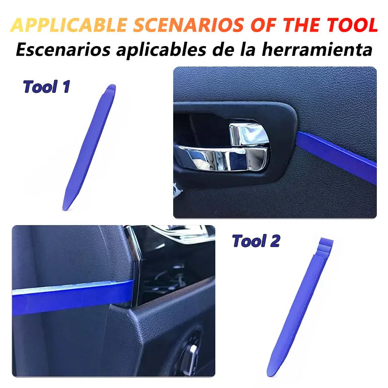 A set of two blue plastic tools used for removing car trim, shown in various application scenarios.