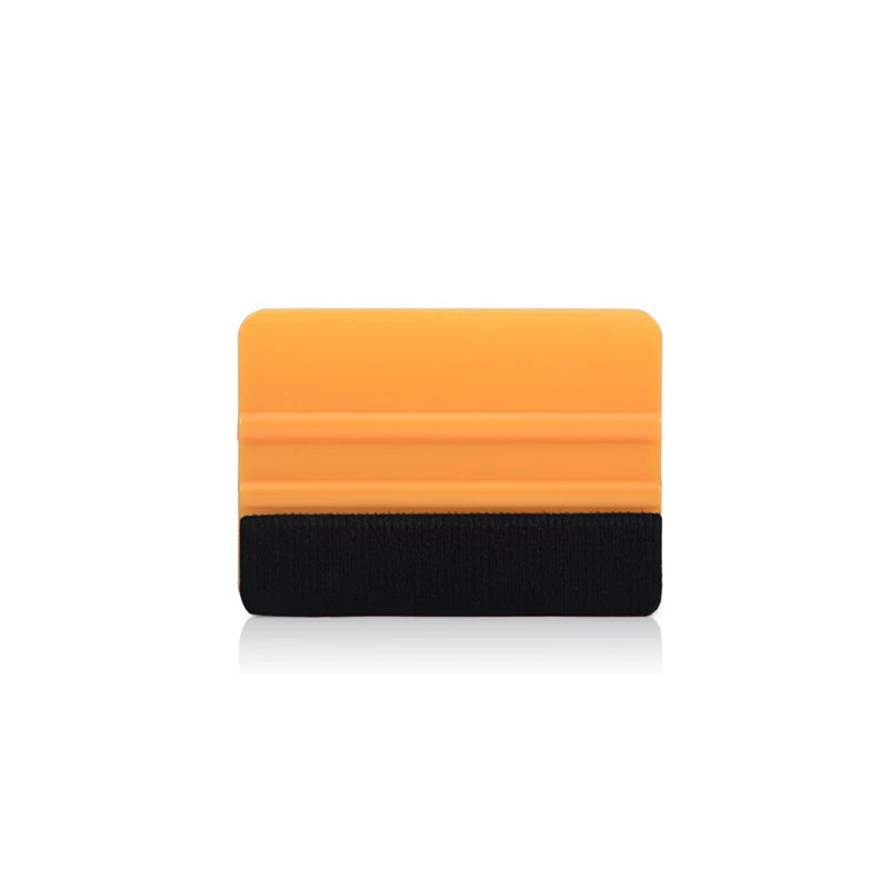 An orange and black felt squeegee tool for removing vinyl decals and film.
