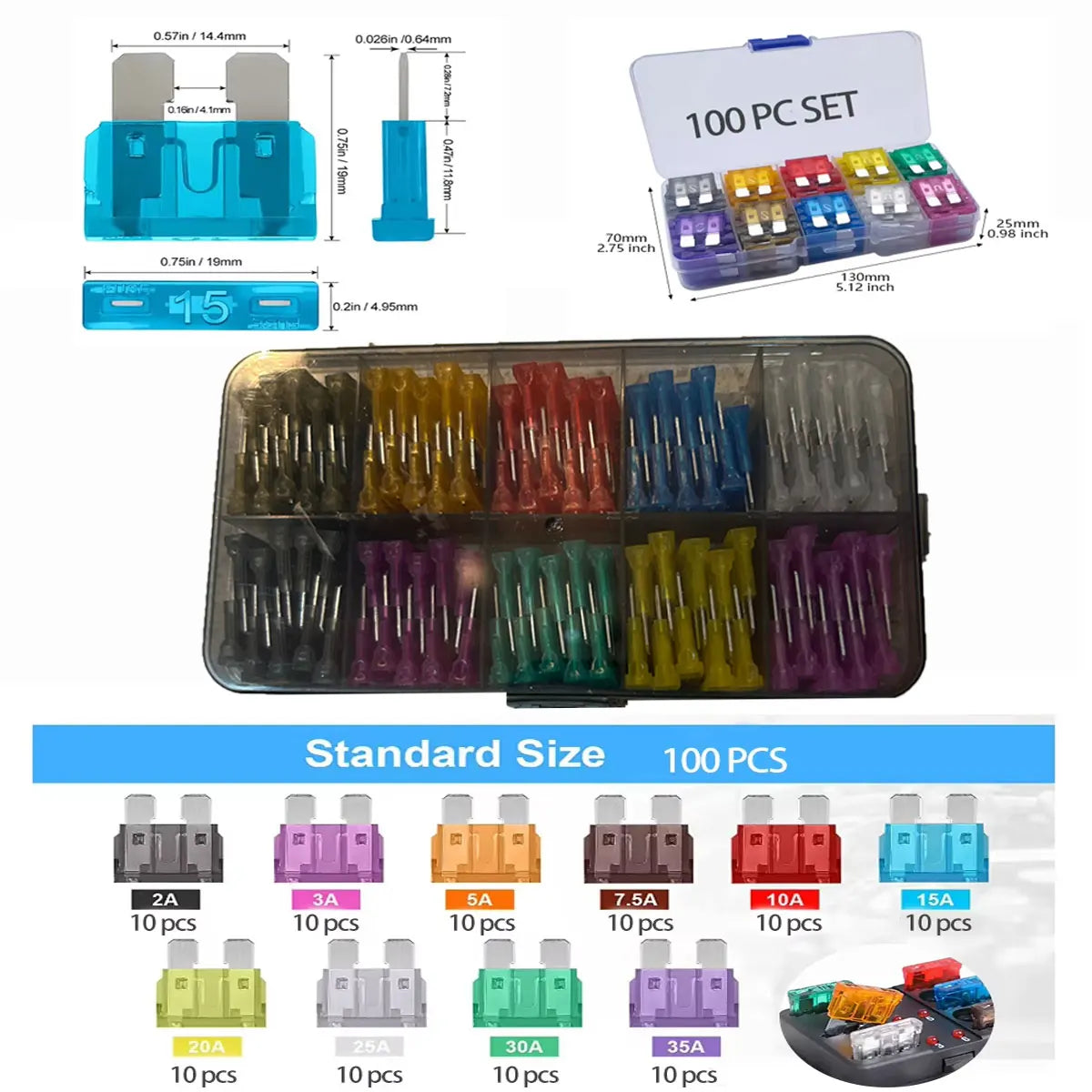 A collection of automotive blade fuses in various sizes and colors, including 2A to 35A ratings.