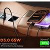 A mobile phone is being fast charged using a PD3.0 65W car charger on a brown car interior surface.