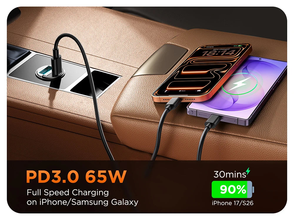 A mobile phone is being fast charged using a PD3.0 65W car charger on a brown car interior surface.