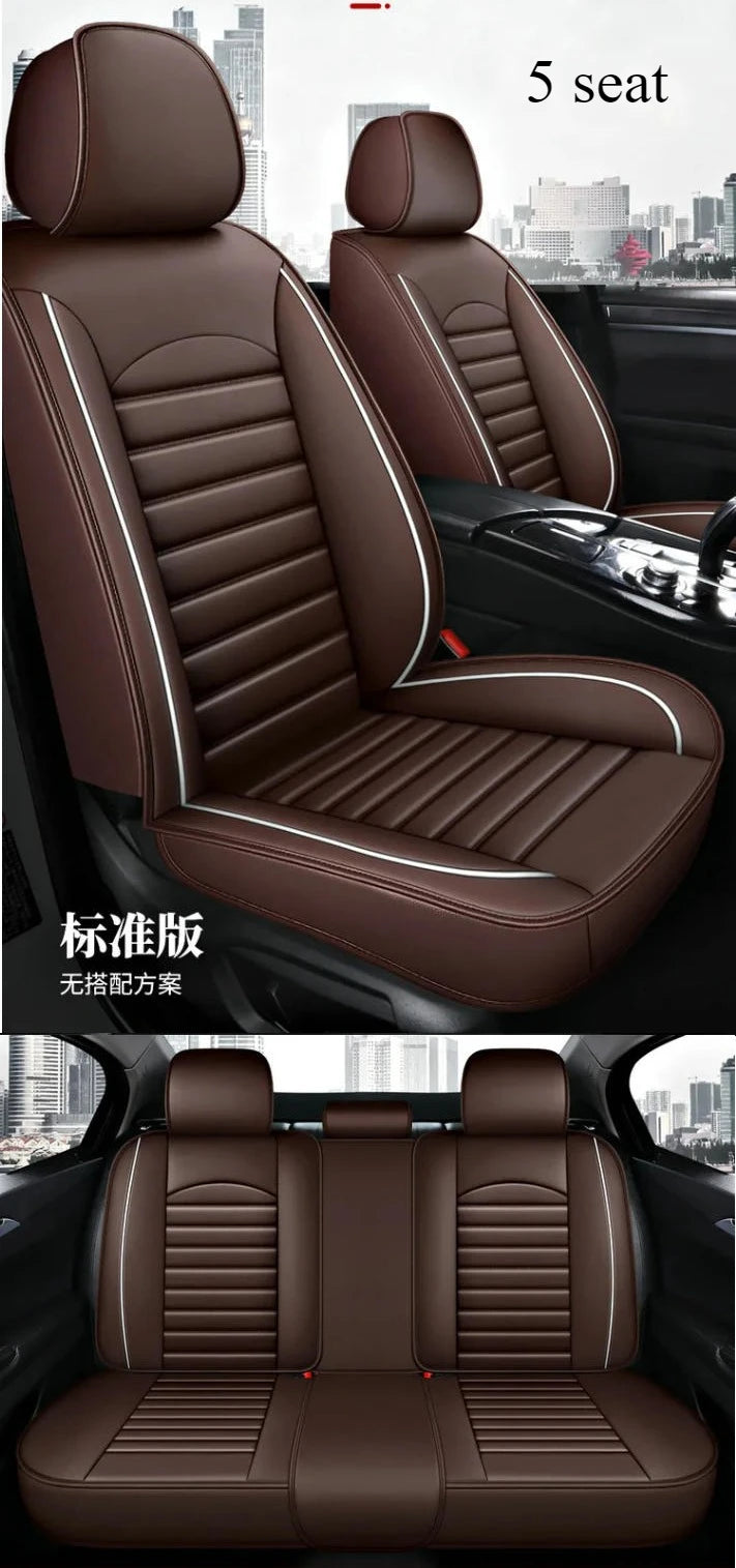 Brown leather car seat covers for a 5-seat vehicle showing the interior and seat details.