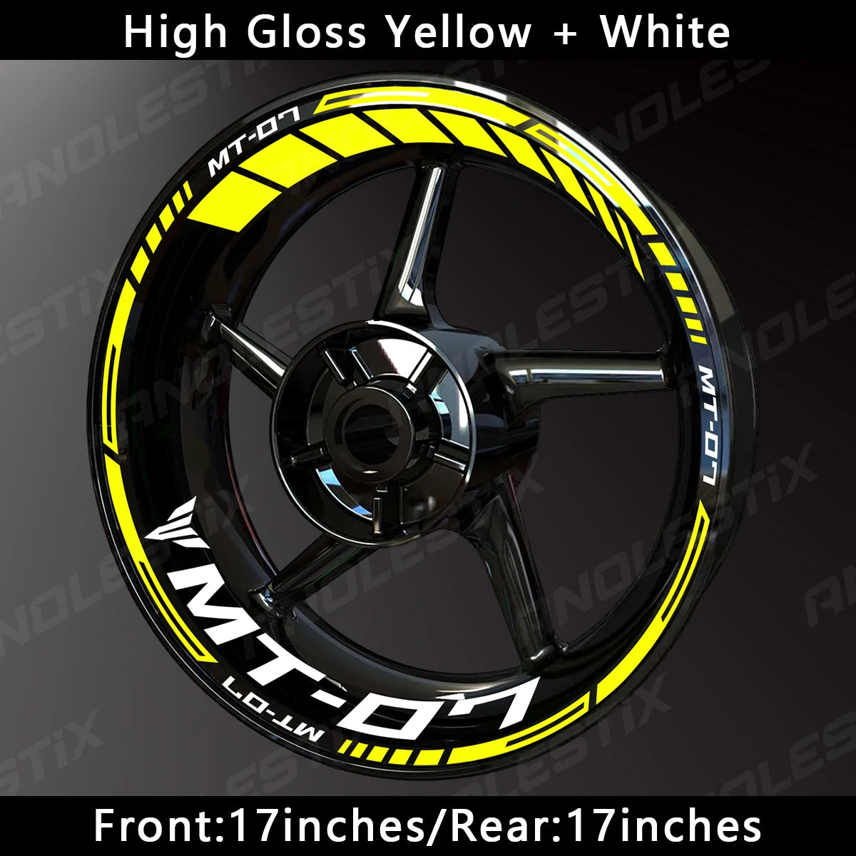 High gloss yellow and white motorcycle wheel decals for Yamaha MT-07