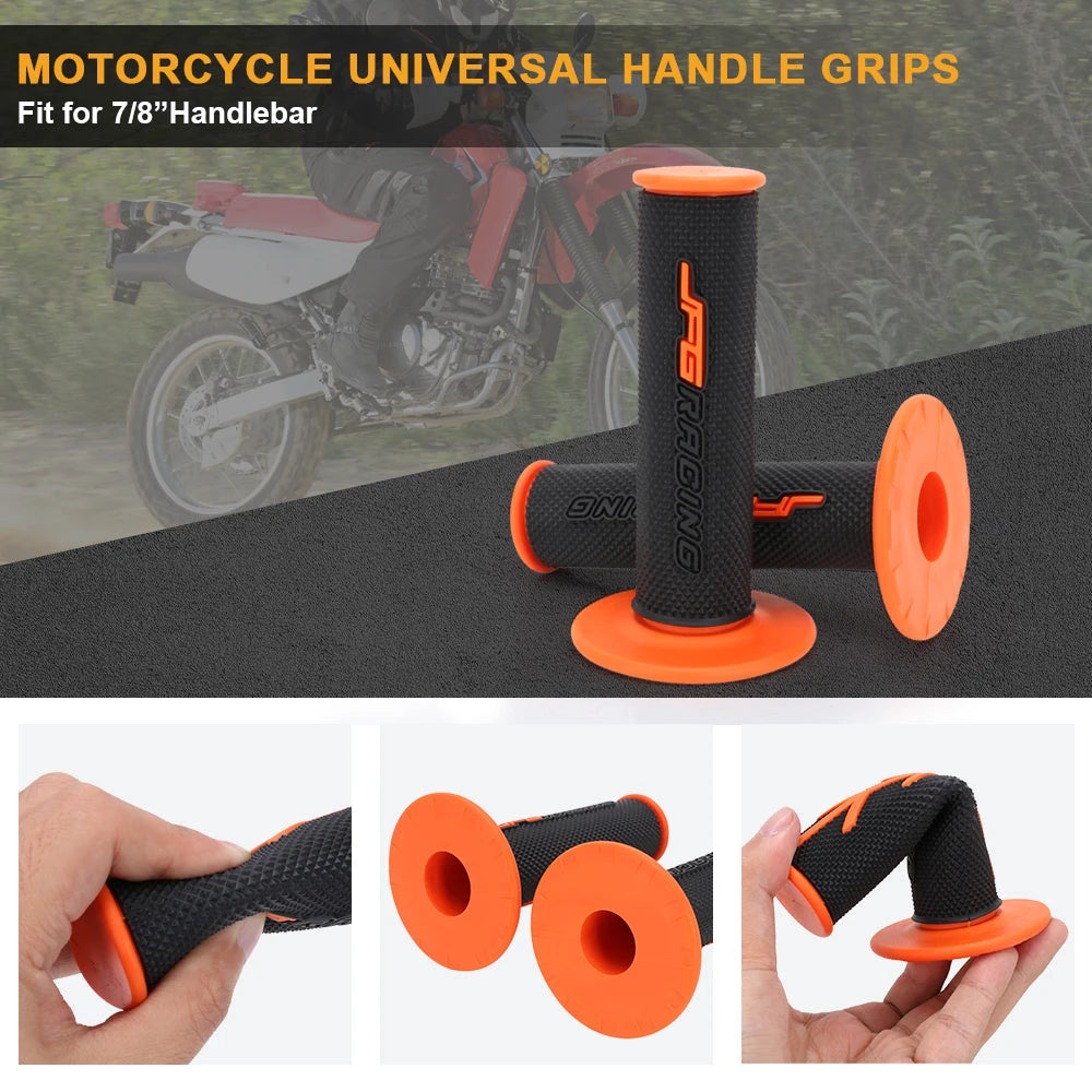 Orange and black motorcycle handlebar grips shown in various angles for fitting 7/8 inch handlebars.