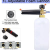 A 1L adjustable foam cannon with a black barrel and clear bottle, showing adjustment knobs for foam and spray pattern.