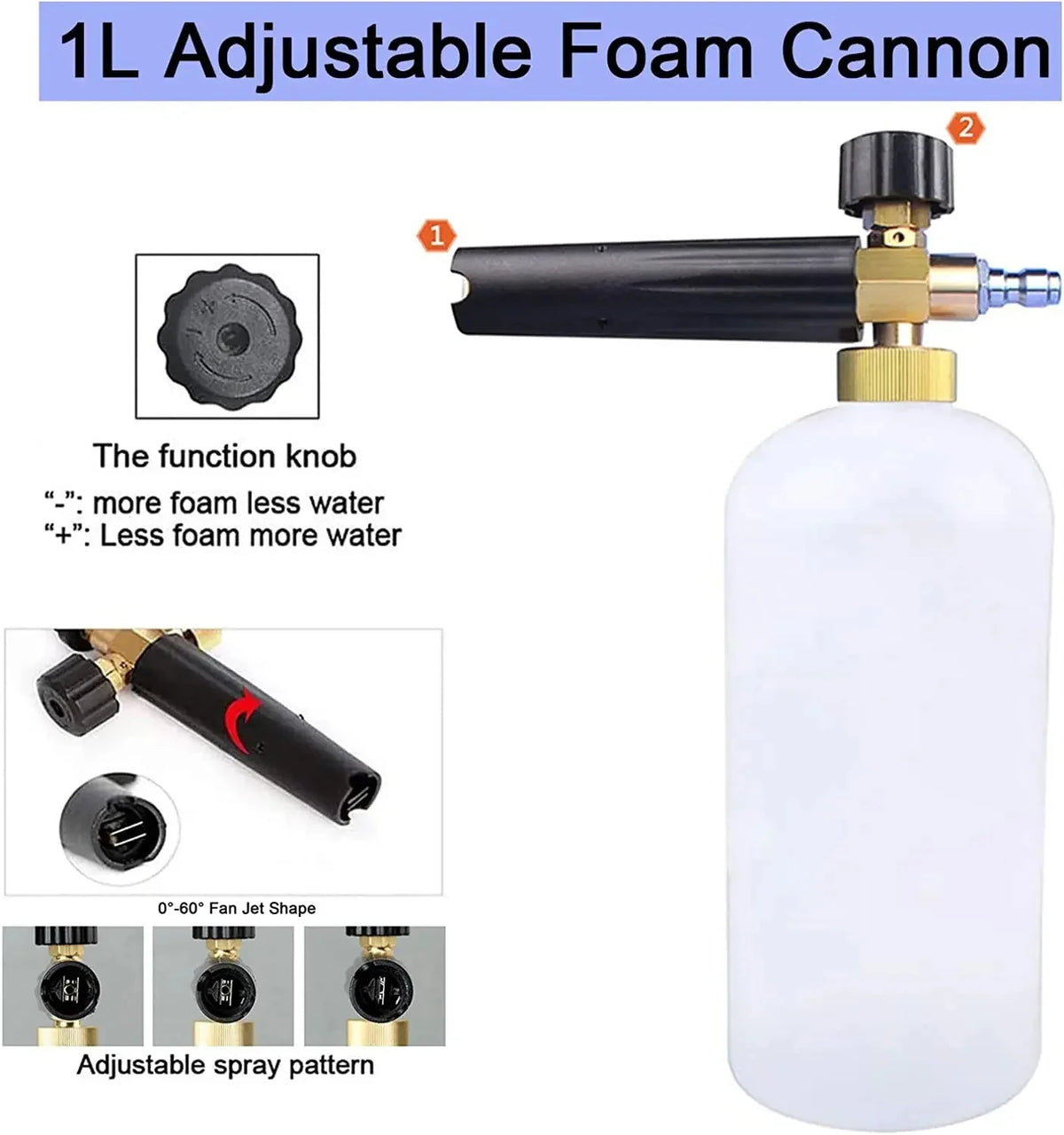 A 1L adjustable foam cannon with a black barrel and clear bottle, showing adjustment knobs for foam and spray pattern.